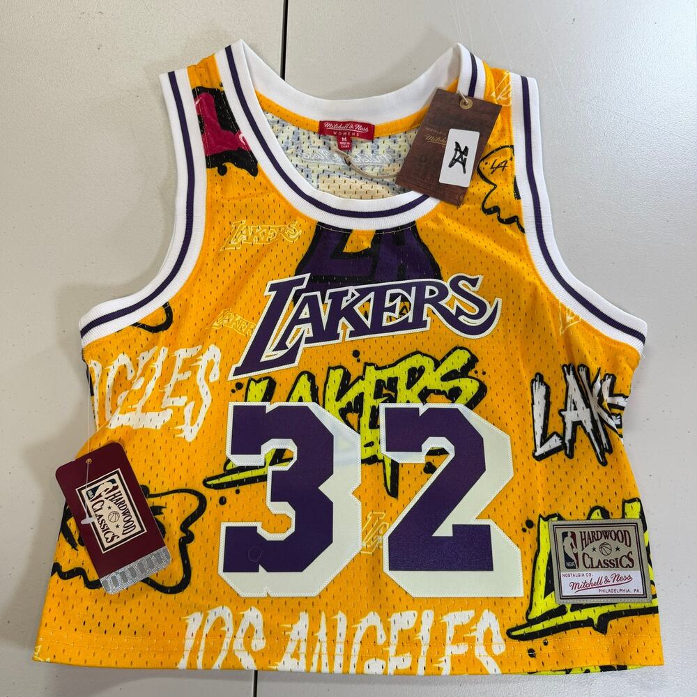 Magic Johnson LA Lakers Mitchell & Ness NBA Women's Slap Stick Crop Tank Med NWT